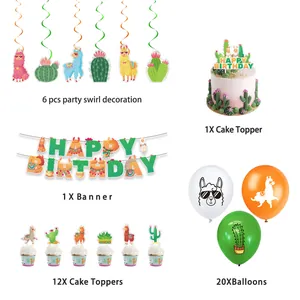 Kit d'anniversaire lama et cactus incluant bannières, toppers et ballons colorés