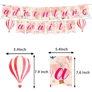 Adventure Awaits travel themed party banner set with pink map and hot air balloon icons