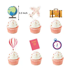 Travel theme paper cake toppers set featuring globe, airplane, and suitcase designs