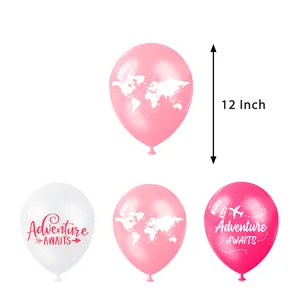 12 Inch Adventure Awaits world map balloons in white, pink and rose gold latex colors