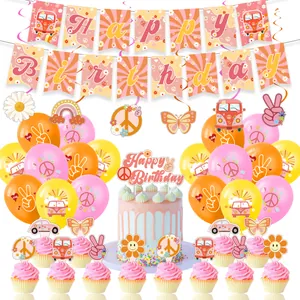 Retro Groovy Hippie Birthday Party Decorations Pink Orange Yellow Flower Power Theme Banner Cake Toppers Balloons Hanging Swirls Party Supplies