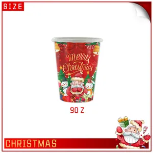 Rode kerst papieren beker 9 oz met de kerstman, sneeuwpop en vrolijk kerstpatronen