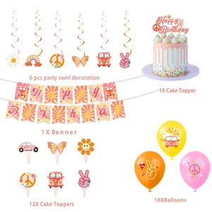 Groovy retro hippie party set with daisy banners, cupcake toppers and balloons