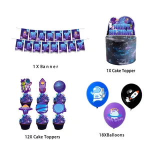 Space theme birthday party decoration set with astronaut banners and colorful balloons