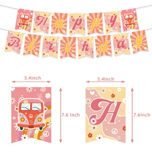 Retro hippie birthday banner set featuring daisies and vintage buses for party decoration