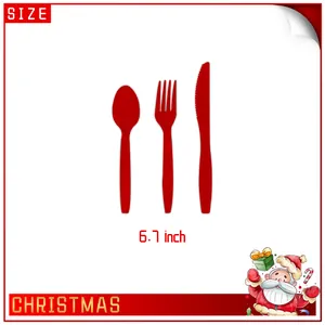 6,7 inch rood kerstbestekset met plastic lepel, vork en mes voor feestdagen