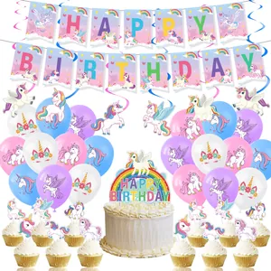 Unicorn Theme Birthday Party Decorations Set Paper Banner Latex Balloons Rainbow Cake Toppers Hanging Swirls Party Supplies