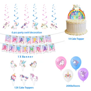 Unicorn birthday party set with banners, spiral charms, cake toppers and colorful balloons