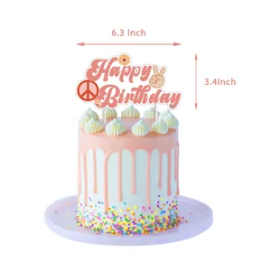 Pink Happy Birthday cake topper with peace sign and daisy for retro party decor