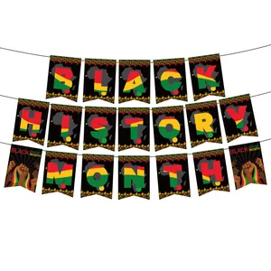 Banner Bandiera a Tirare Coda di Rondine Mese della Storia Nera Tema Cultura Africana Bunting di Carta per Festa Afroamericana Decorazione Murale Mappa Africa Pugno