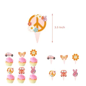 3.5 inch retro hippie cake toppers featuring peace signs and vintage bus designs