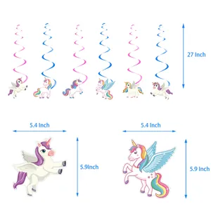 Unicorn party hanging swirl decorations with colorful cartoon paper cutouts and PVC spirals