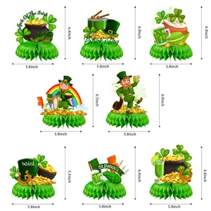 Set of 8 St. Patrick's Day honeycomb centerpieces featuring clover and leprechaun designs
