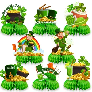 8 St. Patrick's Day green honeycomb centerpieces featuring Irish leprechauns and gold coins