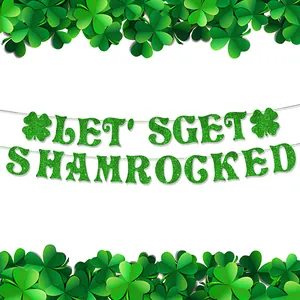 Green Glitter St Patrick's Day Banner Let's Get Shamrocked Shamrock Clover Hanging Garland For Party Home Decorations