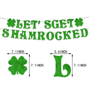 Green glitter St. Patrick's Day banner featuring 'LET'S GET SHAMROCKED' with shamrock icons