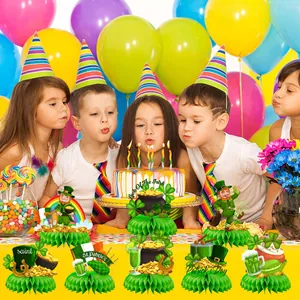 St. Patrick's Day honeycomb centerpieces set with Irish gnomes and lucky clover icons