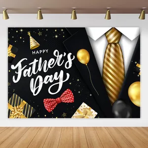 Happy Father's Day party backdrop with tuxedo design, gold balloons and gift box graphics