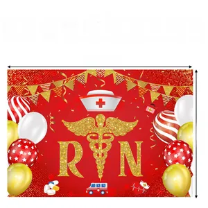 RN Nurses Day party backdrop with gold medical caduceus and size 150x100cm specs