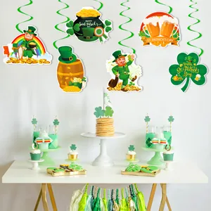 St. Patrick's Day hanging swirls with shamrock and leprechaun cards for party decor