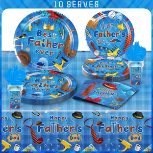 Set di Stoviglie Usa e Getta per la Festa del Papà Piatti di Carta a Quadri Blu Bicchieri Tovaglioli Tovaglia per Feste