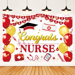 Detail of Congrats Nurse background banner with stethoscope and medical icons