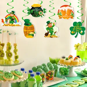 St. Patrick's Day hanging swirls set with clover, leprechaun, and gold pot decorations