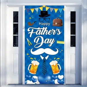 Blue Happy Father's Day door banner featuring festive tool and tie illustrations
