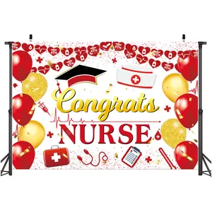 Macro detail of Congrats Nurse backdrop with stethoscope, nurse hat and balloon designs
