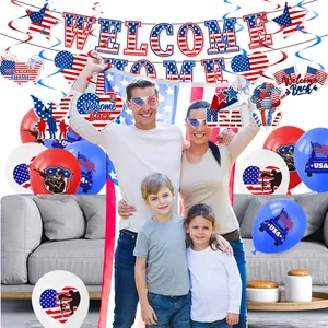 Patriotic party set with Welcome Home banners, red white and blue balloons and star decor