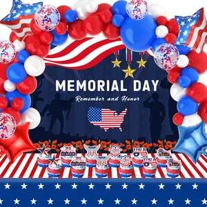 Memorial Day party decor set with red white blue balloon arch and commemorative backdrop