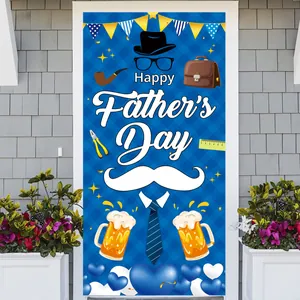 Detailed Happy Father's Day vertical door banner with beard and tie icons on blue background