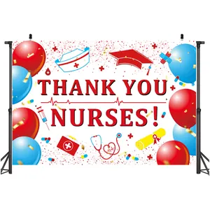 Detail of Thank You Nurses backdrop banner featuring stethoscopes and medical icons