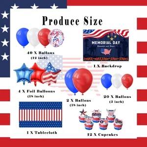 Detailed size chart for Memorial Day party set including banners, balloons and backdrop
