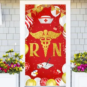 Nurses Day red door banner with RN caduceus and balloons for graduation party decor