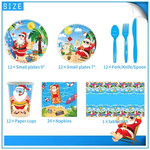 Kit de vaisselle de fête Noël plage avec assiettes gobelets serviettes et nappe