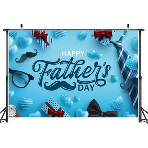Detail of Happy Father's Day backdrop with tie and gift box patterns on blue background