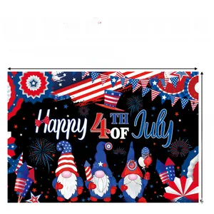 Detail of Happy 4th of July backdrop showing gnome patterns and 150x100cm dimensions