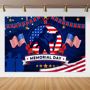 Close-up of Memorial Day backdrop with soldier silhouette and American flag elements