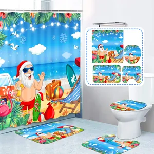 Detail view of summer beach Christmas bathroom set with Santa and flamingo prints