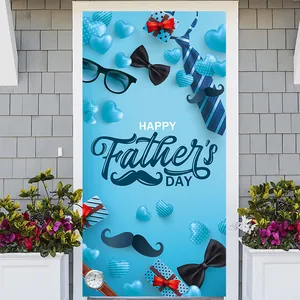 Detailed vertical Father's Day door banner with blue festive elements and holiday greeting