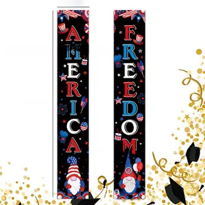 Patriotic Independence Day porch banners with America and Freedom text and gnome designs
