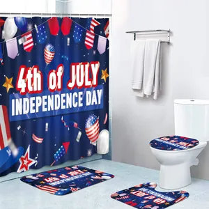 4th of July bathroom set with American flag star shower curtain and anti-slip rugs