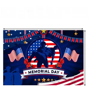 Memorial Day photography backdrop with American flag, soldier silhouettes and poppy flowers