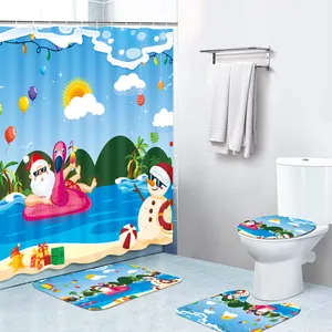 Christmas shower curtain set with Santa on flamingo floaty and matching bathroom mats