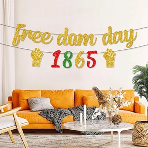Bannière scintillante Juneteenth Freedom Day avec chiffres 1865 sur un mur de salon lumineux
