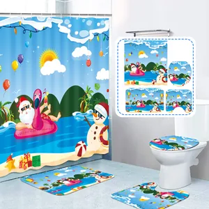 Christmas Summer Beach bathroom set with Santa Claus shower curtain and non-slip mats
