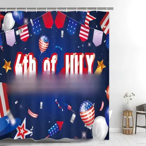 Detail view of 4th of July bathroom shower curtain with American flag stars and balloons