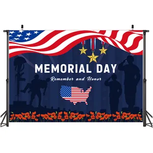 Detailed Memorial Day backdrop with soldier silhouette and red poppies for party decor