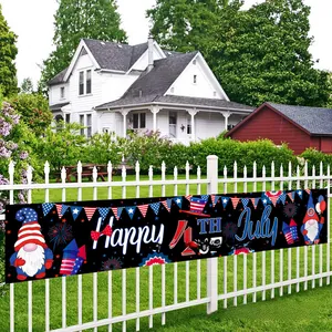 Outdoor banner on white fence featuring Independence Day gnomes and fireworks detail